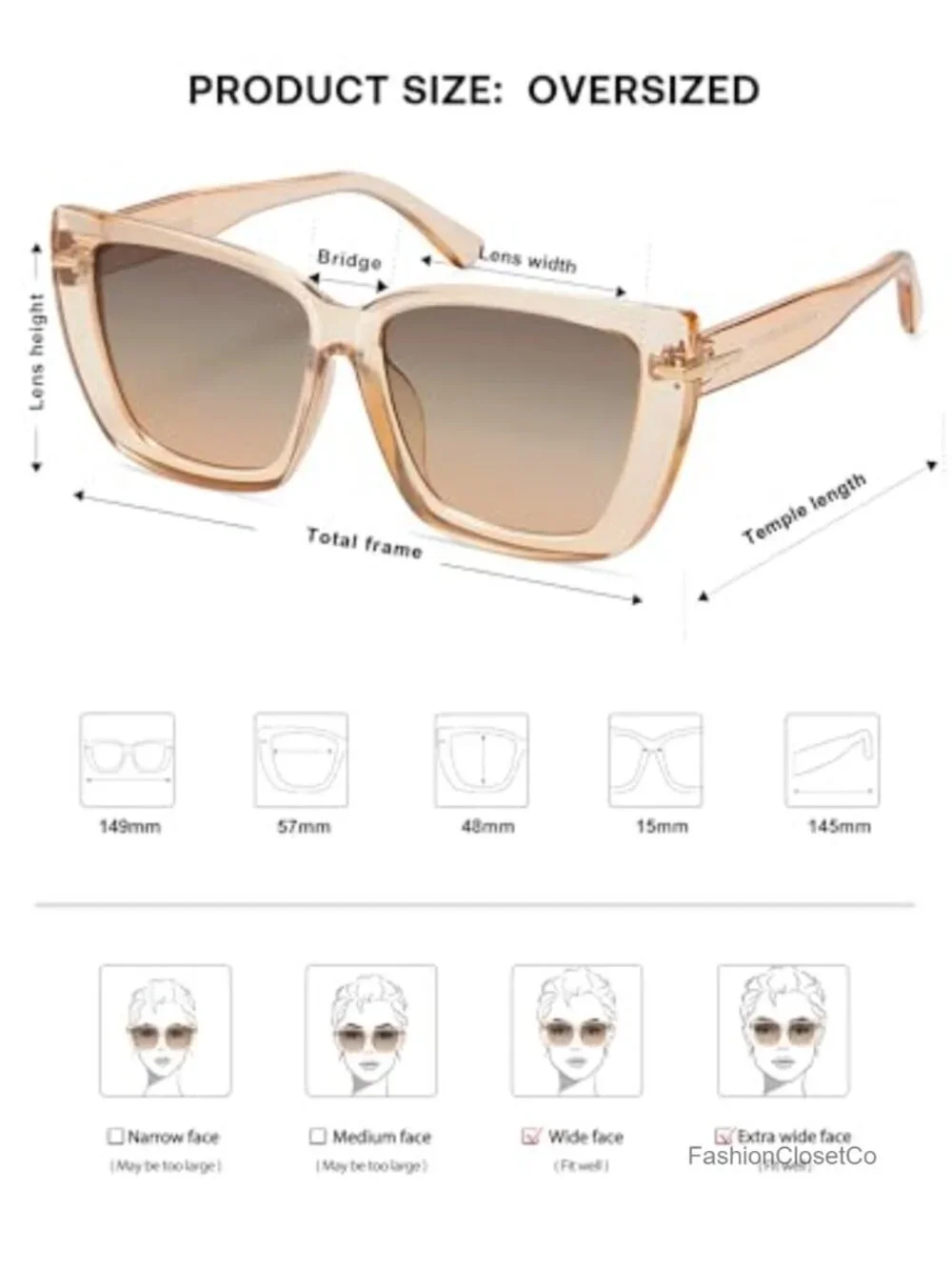 Oversized Cat Eye Sunglasses, UV400 Protection, Polycarbonate Frame,